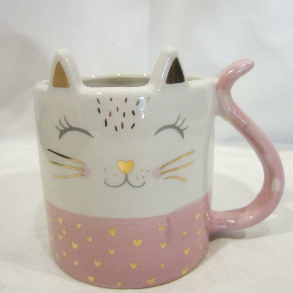 PINK Kitty ceramic mug with ears gold hearts NEW